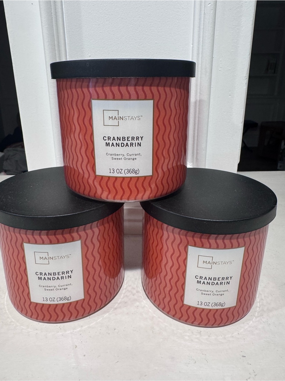 Mainstays Cranberry Mandarin 13 oz candles, set of 3. NWT
